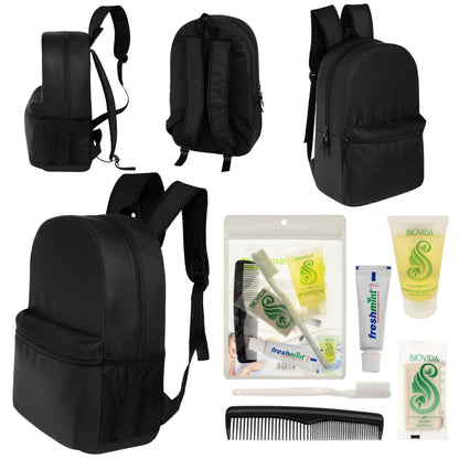 12 Basic 18,5 'Rucksäcke in Schwarz & Ihre Wahl von 12 Bulk Hygiene Kits - Wholesale PFLEGE Package: Obdachlos, Notfall, Wohltätigkeit