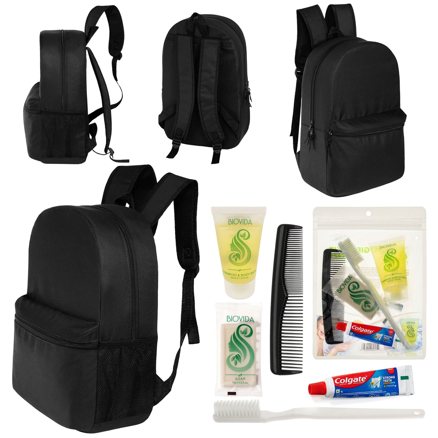 12 Basic 18,5 'Rucksäcke in Schwarz & Ihre Wahl von 12 Bulk Hygiene Kits - Wholesale PFLEGE Package: Obdachlos, Notfall, Wohltätigkeit