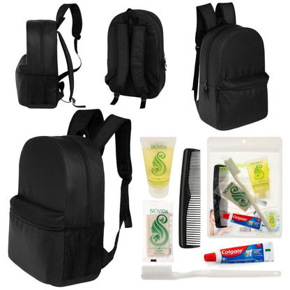 12 Basic 18,5 'Rucksäcke in Schwarz & Ihre Wahl von 12 Bulk Hygiene Kits - Wholesale PFLEGE Package: Obdachlos, Notfall, Wohltätigkeit