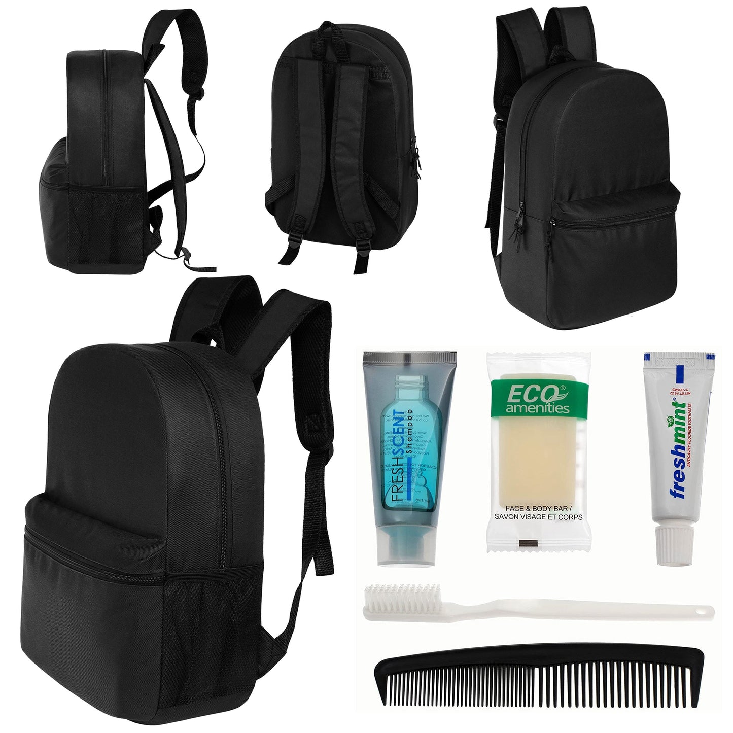 12 Basic 18,5 'Rucksäcke in Schwarz & Ihre Wahl von 12 Bulk Hygiene Kits - Wholesale PFLEGE Package: Obdachlos, Notfall, Wohltätigkeit