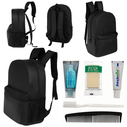 12 Basic 18,5 'Rucksäcke in Schwarz & Ihre Wahl von 12 Bulk Hygiene Kits - Wholesale PFLEGE Package: Obdachlos, Notfall, Wohltätigkeit