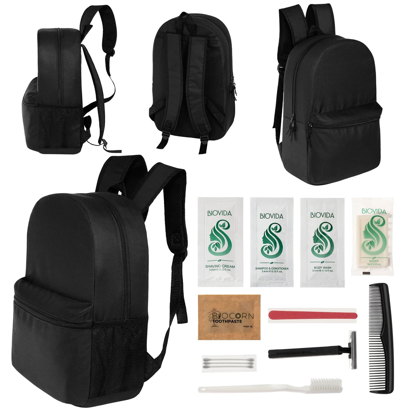12 Basic 18,5 'Rucksäcke in Schwarz & Ihre Wahl von 12 Bulk Hygiene Kits - Wholesale PFLEGE Package: Obdachlos, Notfall, Wohltätigkeit