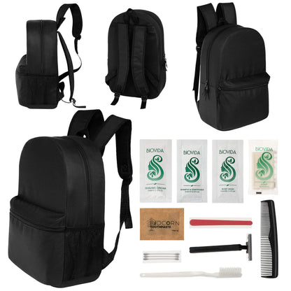 12 Basic 18,5 'Rucksäcke in Schwarz & Ihre Wahl von 12 Bulk Hygiene Kits - Wholesale PFLEGE Package: Obdachlos, Notfall, Wohltätigkeit