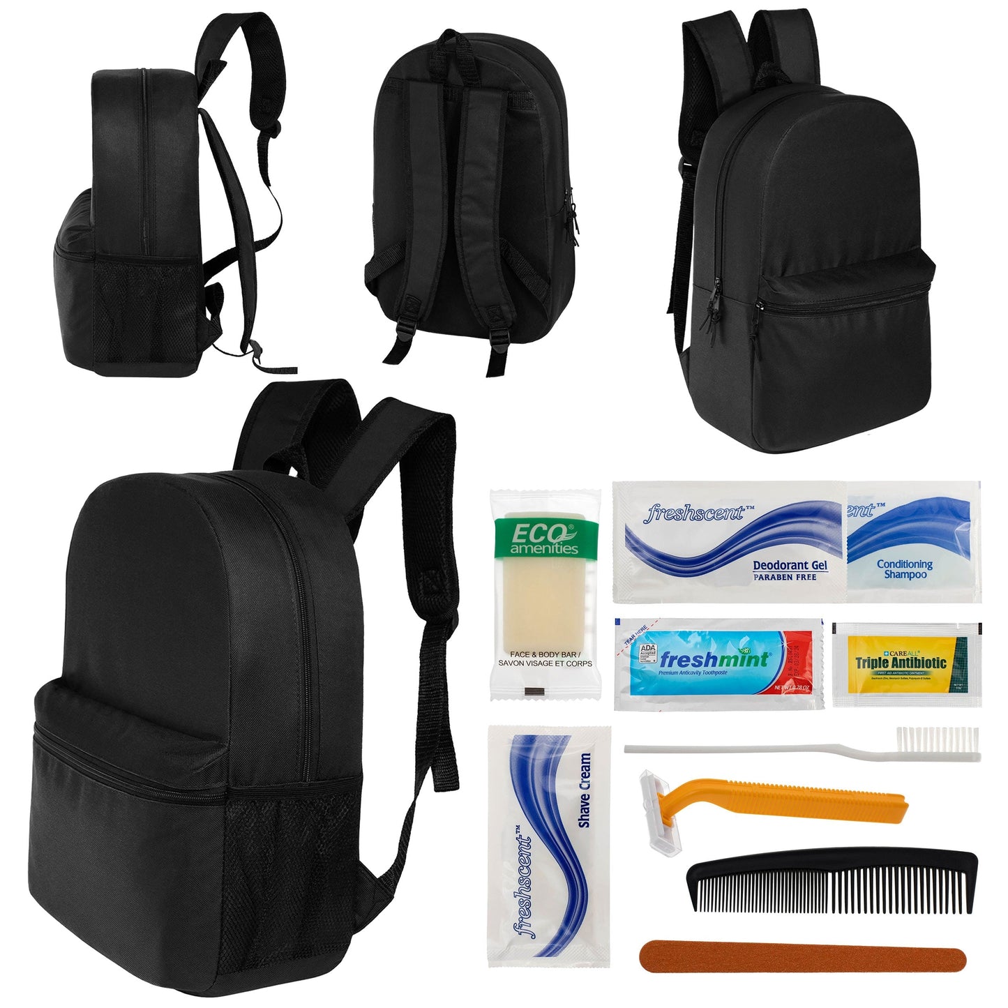 12 Basic 18,5 'Rucksäcke in Schwarz & Ihre Wahl von 12 Bulk Hygiene Kits - Wholesale PFLEGE Package: Obdachlos, Notfall, Wohltätigkeit