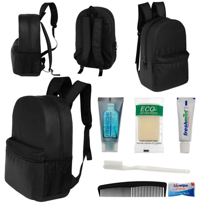 12 Basic 18,5 'Rucksäcke in Schwarz & Ihre Wahl von 12 Bulk Hygiene Kits - Wholesale PFLEGE Package: Obdachlos, Notfall, Wohltätigkeit