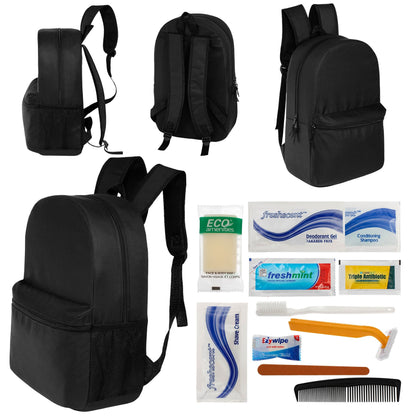 12 Basic 18,5 'Rucksäcke in Schwarz & Ihre Wahl von 12 Bulk Hygiene Kits - Wholesale PFLEGE Package: Obdachlos, Notfall, Wohltätigkeit