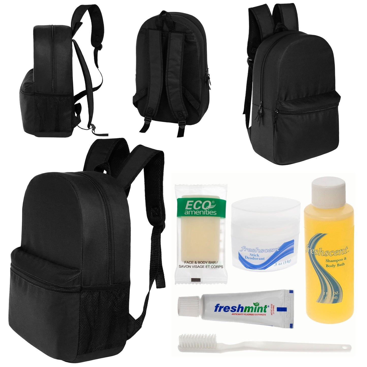 12 Basic 18,5 'Rucksäcke in Schwarz & Ihre Wahl von 12 Bulk Hygiene Kits - Wholesale PFLEGE Package: Obdachlos, Notfall, Wohltätigkeit