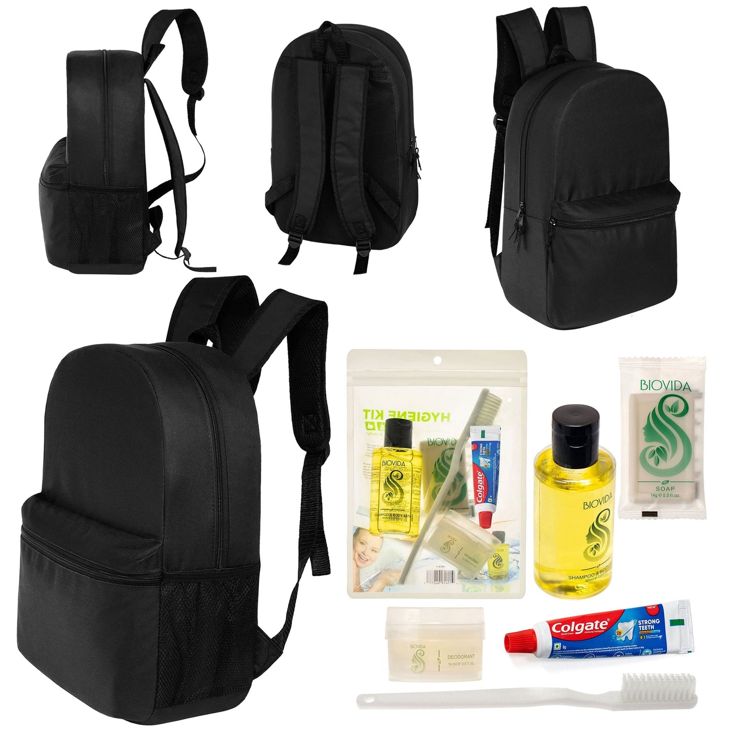 12 Basic 18,5 'Rucksäcke in Schwarz & Ihre Wahl von 12 Bulk Hygiene Kits - Wholesale PFLEGE Package: Obdachlos, Notfall, Wohltätigkeit