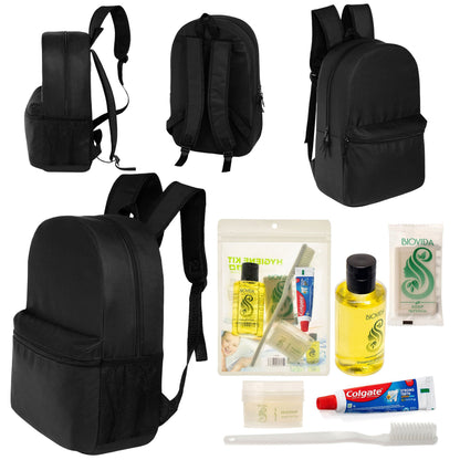12 Basic 18,5 'Rucksäcke in Schwarz & Ihre Wahl von 12 Bulk Hygiene Kits - Wholesale PFLEGE Package: Obdachlos, Notfall, Wohltätigkeit