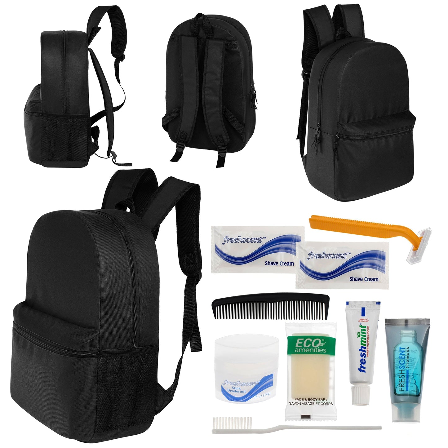12 Basic 18,5 'Rucksäcke in Schwarz & Ihre Wahl von 12 Bulk Hygiene Kits - Wholesale PFLEGE Package: Obdachlos, Notfall, Wohltätigkeit