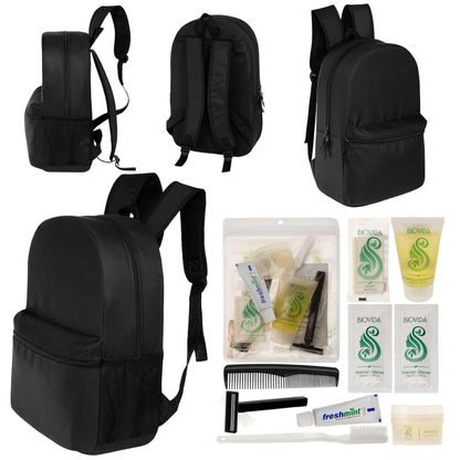 12 Basic 18,5 'Rucksäcke in Schwarz & Ihre Wahl von 12 Bulk Hygiene Kits - Wholesale PFLEGE Package: Obdachlos, Notfall, Wohltätigkeit