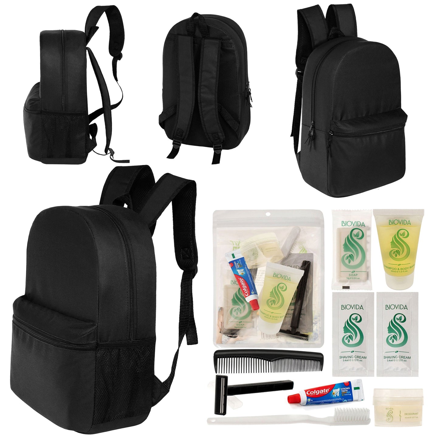 12 Basic 18,5 'Rucksäcke in Schwarz & Ihre Wahl von 12 Bulk Hygiene Kits - Wholesale PFLEGE Package: Obdachlos, Notfall, Wohltätigkeit