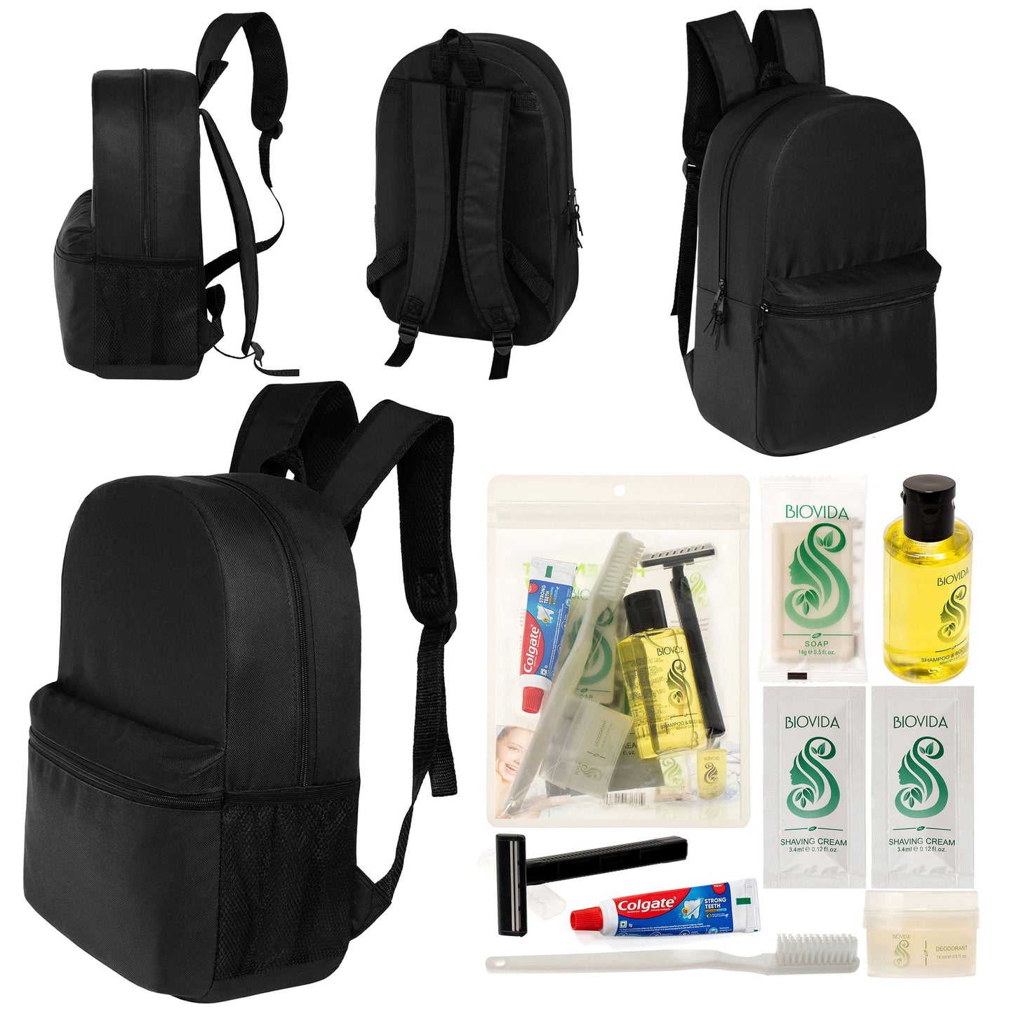 12 Basic 18,5 'Rucksäcke in Schwarz & Ihre Wahl von 12 Bulk Hygiene Kits - Wholesale PFLEGE Package: Obdachlos, Notfall, Wohltätigkeit