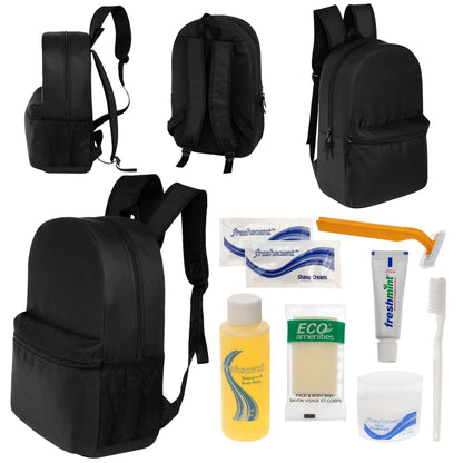 12 Basic 18,5 'Rucksäcke in Schwarz & Ihre Wahl von 12 Bulk Hygiene Kits - Wholesale PFLEGE Package: Obdachlos, Notfall, Wohltätigkeit