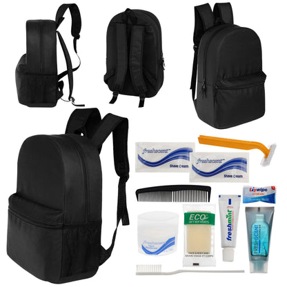 12 Basic 18,5 'Rucksäcke in Schwarz & Ihre Wahl von 12 Bulk Hygiene Kits - Wholesale PFLEGE Package: Obdachlos, Notfall, Wohltätigkeit