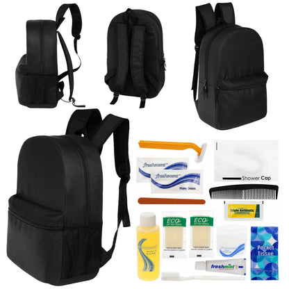 12 Basic 18,5 'Rucksäcke in Schwarz & Ihre Wahl von 12 Bulk Hygiene Kits - Wholesale PFLEGE Package: Obdachlos, Notfall, Wohltätigkeit