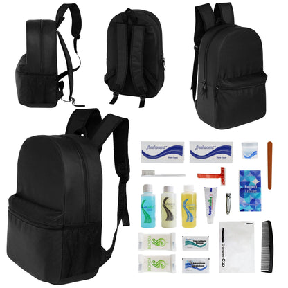 12 Basic 18,5 'Rucksäcke in Schwarz & Ihre Wahl von 12 Bulk Hygiene Kits - Wholesale PFLEGE Package: Obdachlos, Notfall, Wohltätigkeit
