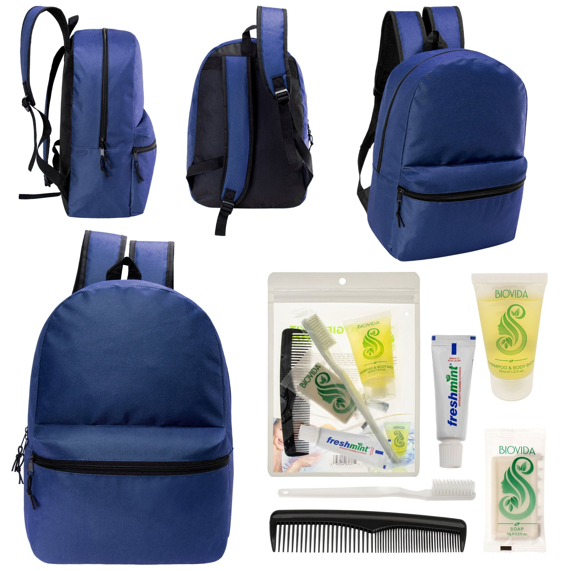 12 17 'Klassische Rucksäcke in Marineblau Blau & Ihre Wahl von 12 Bulk Hygiene Kits - Wholesale PFLEGE Package: Obdachlos, Notfall, Wohltätigkeit