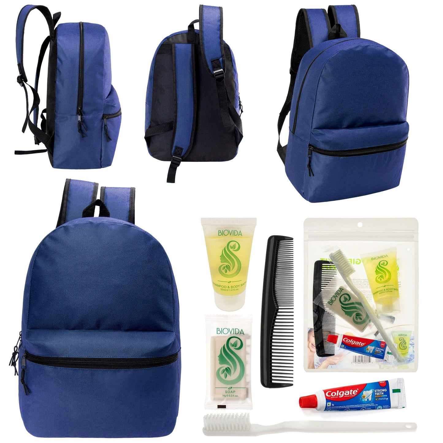 12 17 'Klassische Rucksäcke in Marineblau Blau & Ihre Wahl von 12 Bulk Hygiene Kits - Wholesale PFLEGE Package: Obdachlos, Notfall, Wohltätigkeit
