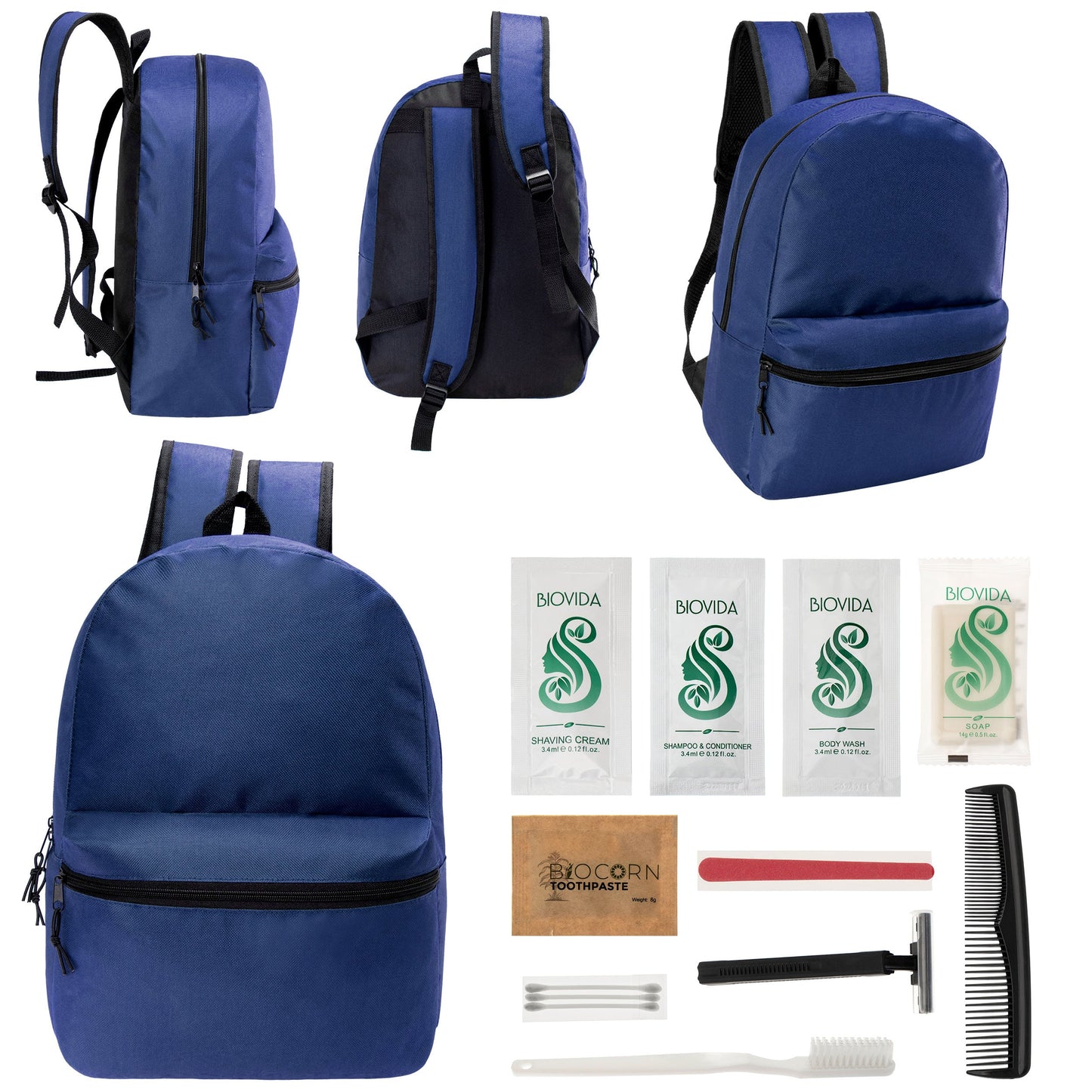12 17 'Klassische Rucksäcke in Marineblau Blau & Ihre Wahl von 12 Bulk Hygiene Kits - Wholesale PFLEGE Package: Obdachlos, Notfall, Wohltätigkeit