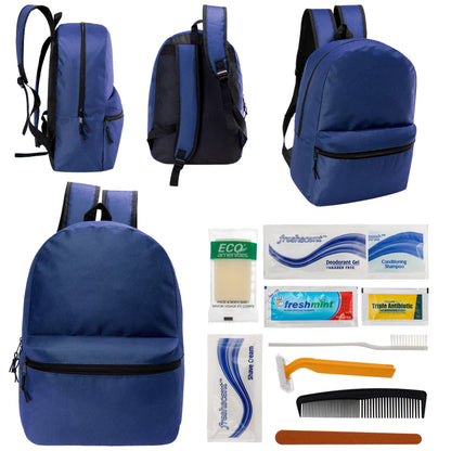12 17 'Klassische Rucksäcke in Marineblau Blau & Ihre Wahl von 12 Bulk Hygiene Kits - Wholesale PFLEGE Package: Obdachlos, Notfall, Wohltätigkeit