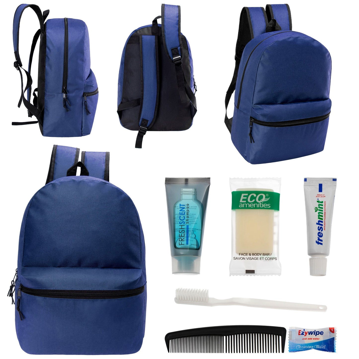 12 17 'Klassische Rucksäcke in Marineblau Blau & Ihre Wahl von 12 Bulk Hygiene Kits - Wholesale PFLEGE Package: Obdachlos, Notfall, Wohltätigkeit