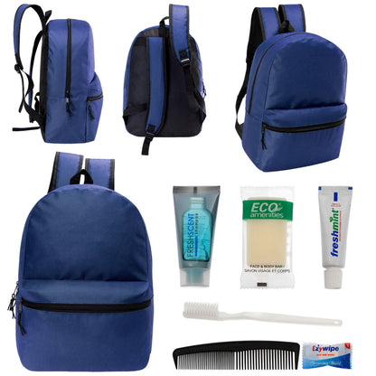 12 17 'Klassische Rucksäcke in Marineblau Blau & Ihre Wahl von 12 Bulk Hygiene Kits - Wholesale PFLEGE Package: Obdachlos, Notfall, Wohltätigkeit