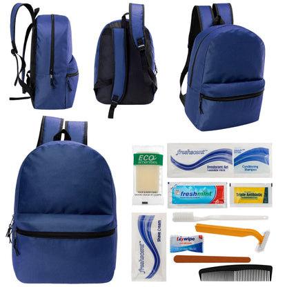 12 17 'Klassische Rucksäcke in Marineblau Blau & Ihre Wahl von 12 Bulk Hygiene Kits - Wholesale PFLEGE Package: Obdachlos, Notfall, Wohltätigkeit