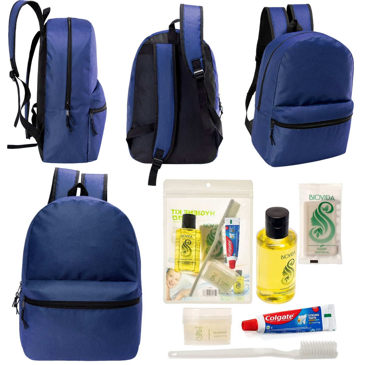 12 17 'Klassische Rucksäcke in Marineblau Blau & Ihre Wahl von 12 Bulk Hygiene Kits - Wholesale PFLEGE Package: Obdachlos, Notfall, Wohltätigkeit
