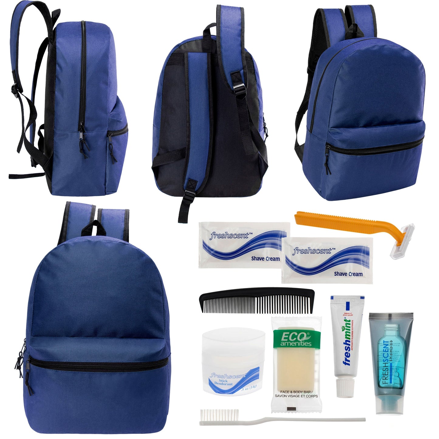 12 17 'Klassische Rucksäcke in Marineblau Blau & Ihre Wahl von 12 Bulk Hygiene Kits - Wholesale PFLEGE Package: Obdachlos, Notfall, Wohltätigkeit