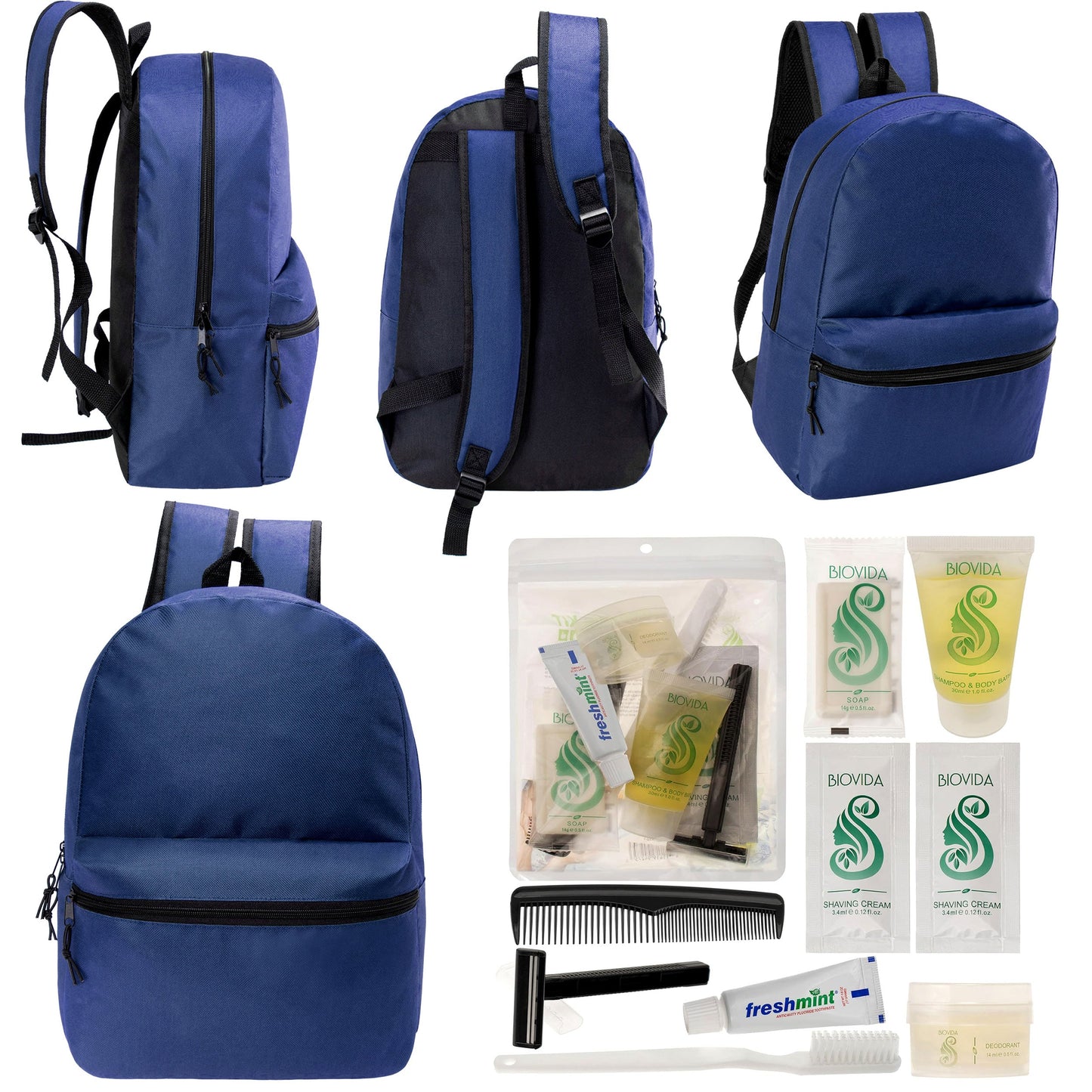 12 17 'Klassische Rucksäcke in Marineblau Blau & Ihre Wahl von 12 Bulk Hygiene Kits - Wholesale PFLEGE Package: Obdachlos, Notfall, Wohltätigkeit