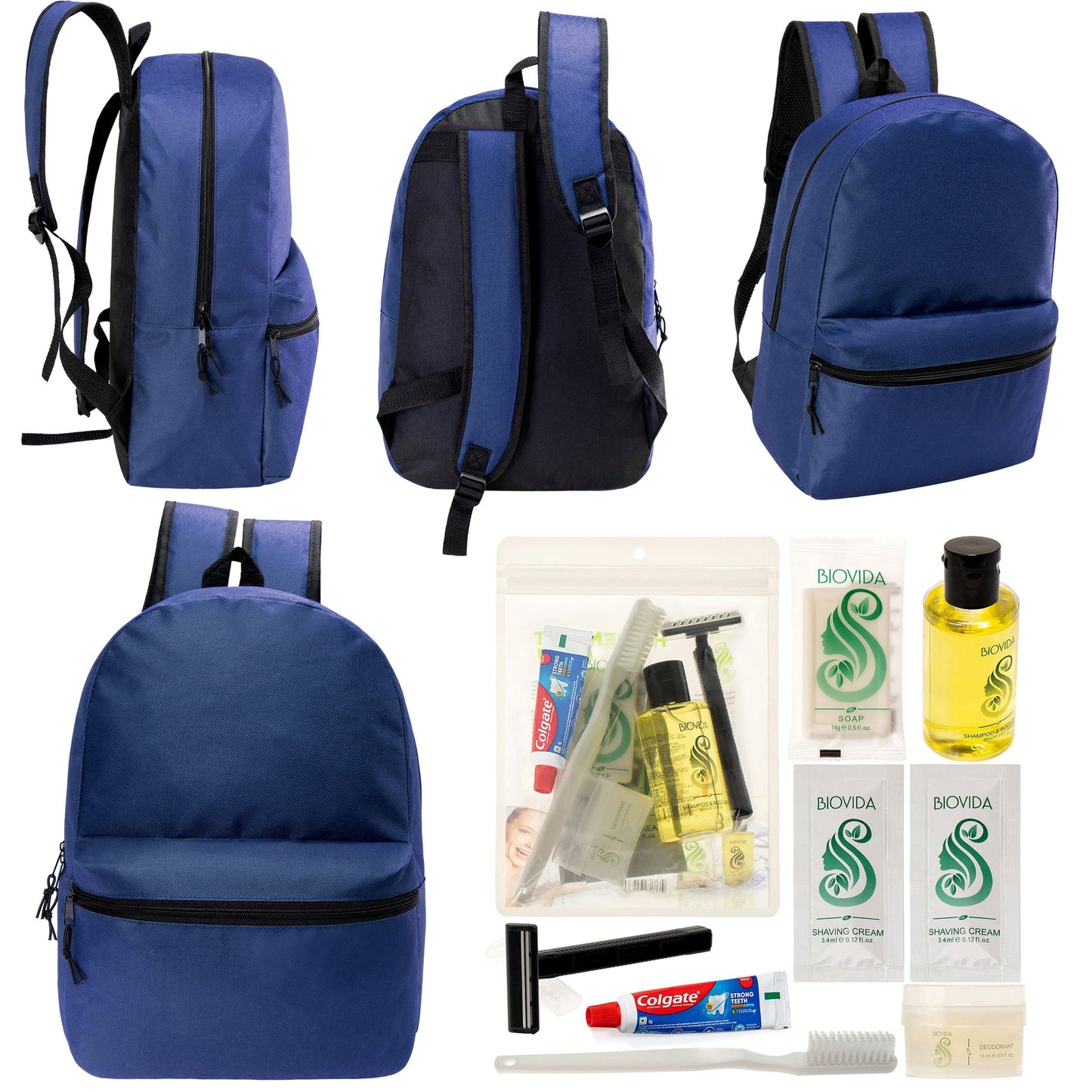 12 17 'Klassische Rucksäcke in Marineblau Blau & Ihre Wahl von 12 Bulk Hygiene Kits - Wholesale PFLEGE Package: Obdachlos, Notfall, Wohltätigkeit