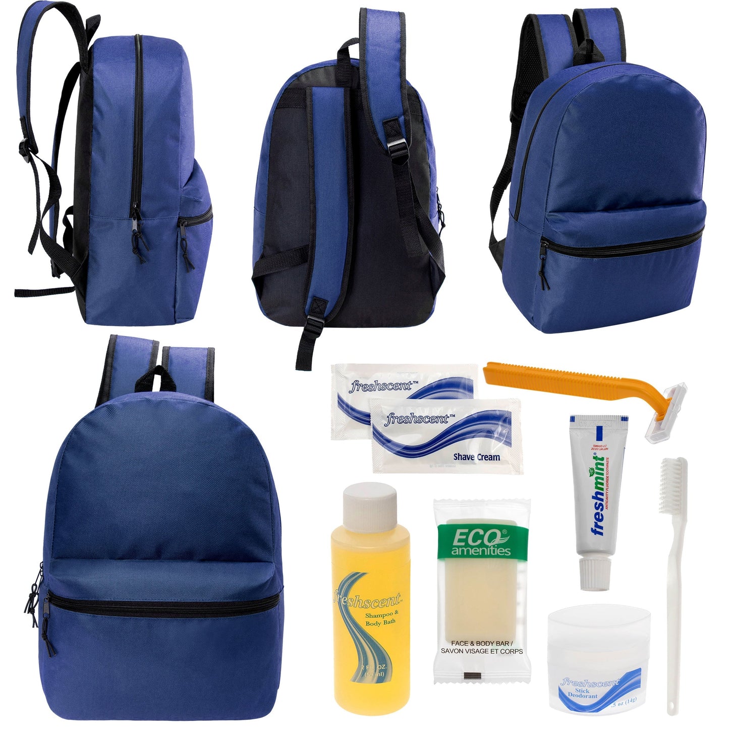 12 17 'Klassische Rucksäcke in Marineblau Blau & Ihre Wahl von 12 Bulk Hygiene Kits - Wholesale PFLEGE Package: Obdachlos, Notfall, Wohltätigkeit