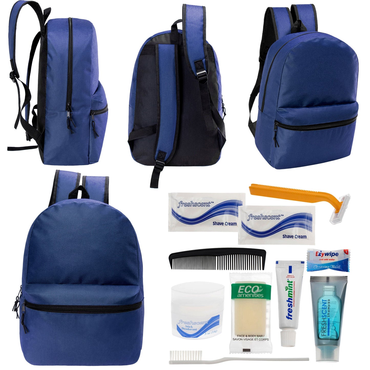 12 17 'Klassische Rucksäcke in Marineblau Blau & Ihre Wahl von 12 Bulk Hygiene Kits - Wholesale PFLEGE Package: Obdachlos, Notfall, Wohltätigkeit