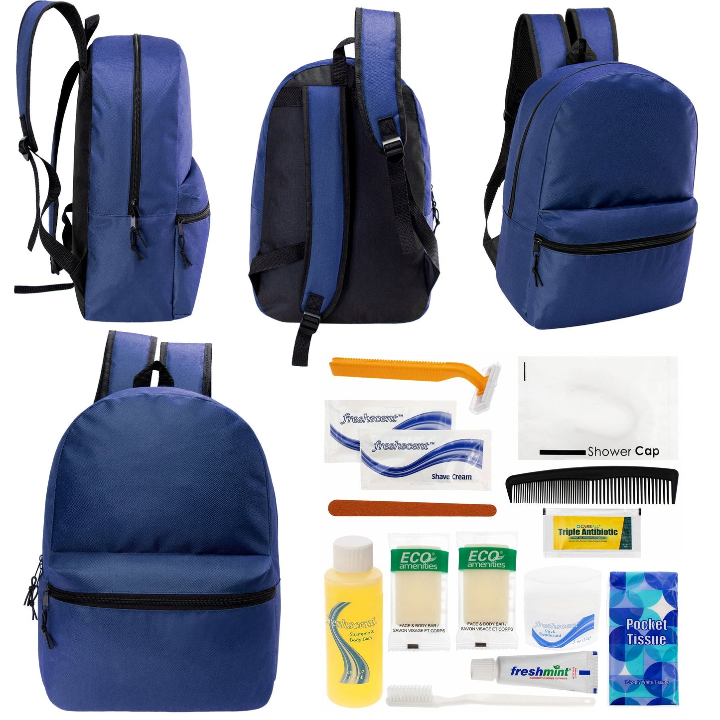 12 17 'Klassische Rucksäcke in Marineblau Blau & Ihre Wahl von 12 Bulk Hygiene Kits - Wholesale PFLEGE Package: Obdachlos, Notfall, Wohltätigkeit