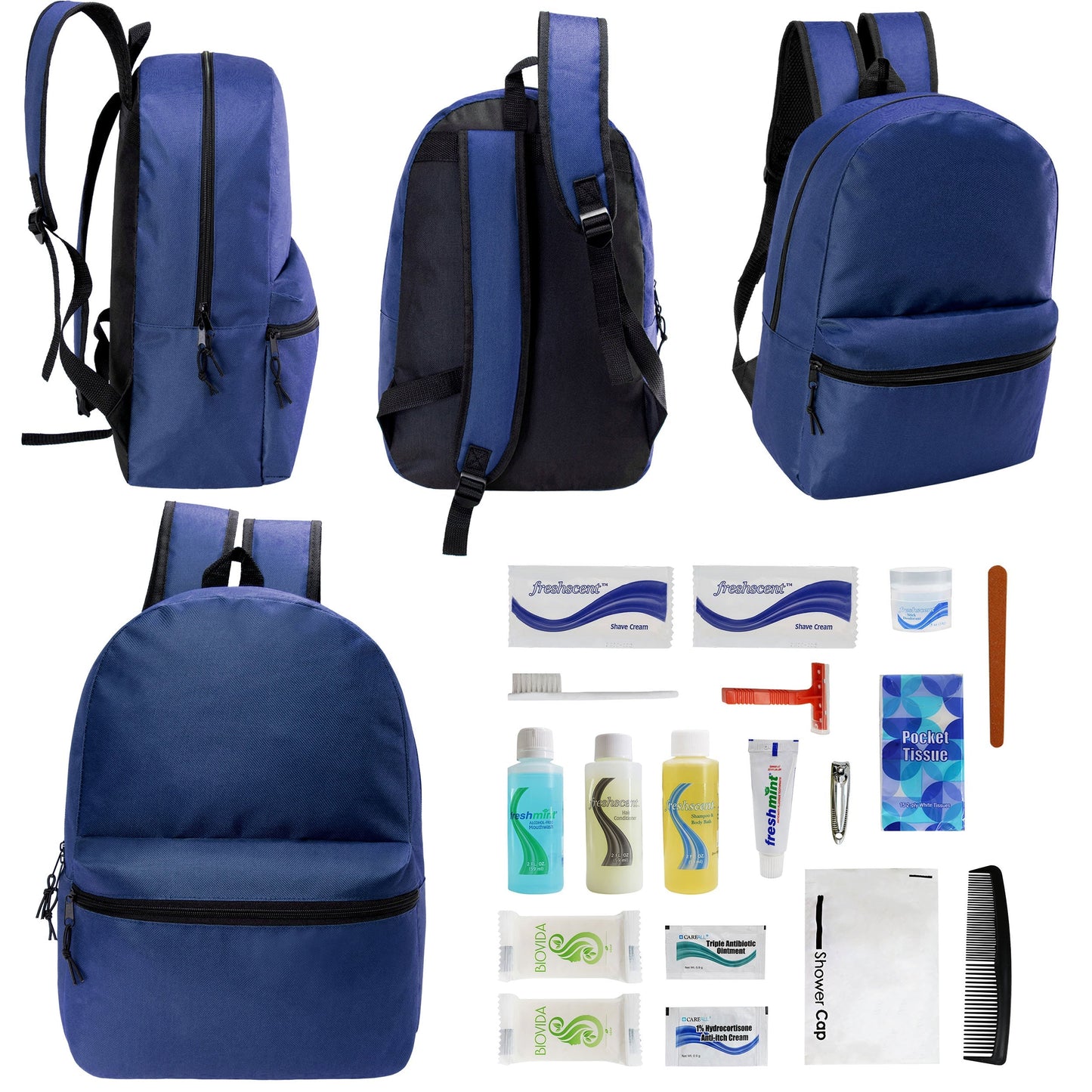 12 17 'Klassische Rucksäcke in Marineblau Blau & Ihre Wahl von 12 Bulk Hygiene Kits - Wholesale PFLEGE Package: Obdachlos, Notfall, Wohltätigkeit
