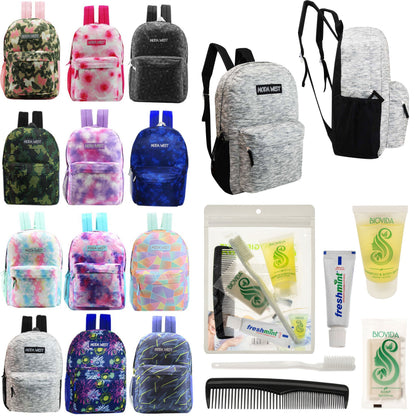 12 Muster 17 'Rucksäcke in verschiedenen Drucken & Ihre Wahl von 12 Bulk Hygiene Kits - Wholesale PFLEGE Package: Obdachlos, Notfall, Wohltätigkeit