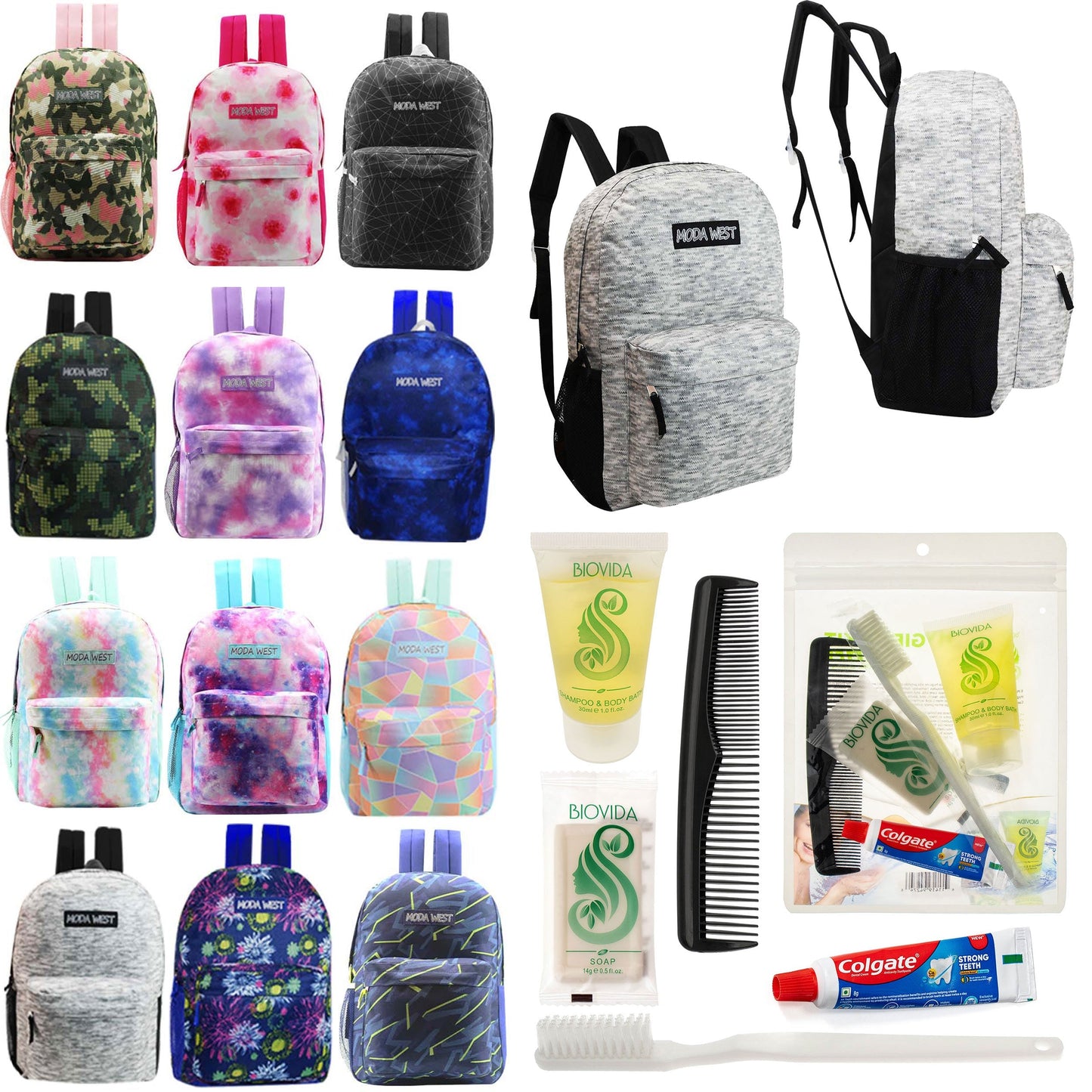 12 Muster 17 'Rucksäcke in verschiedenen Drucken & Ihre Wahl von 12 Bulk Hygiene Kits - Wholesale PFLEGE Package: Obdachlos, Notfall, Wohltätigkeit