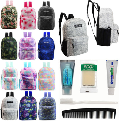 12 Muster 17 'Rucksäcke in verschiedenen Drucken & Ihre Wahl von 12 Bulk Hygiene Kits - Wholesale PFLEGE Package: Obdachlos, Notfall, Wohltätigkeit