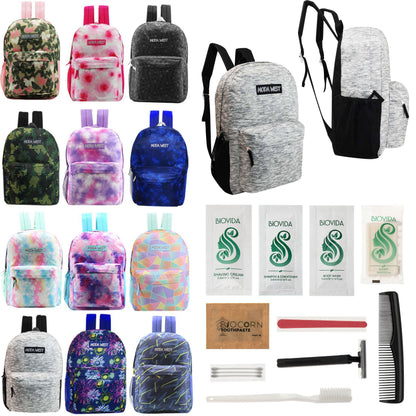 12 Muster 17 'Rucksäcke in verschiedenen Drucken & Ihre Wahl von 12 Bulk Hygiene Kits - Wholesale PFLEGE Package: Obdachlos, Notfall, Wohltätigkeit