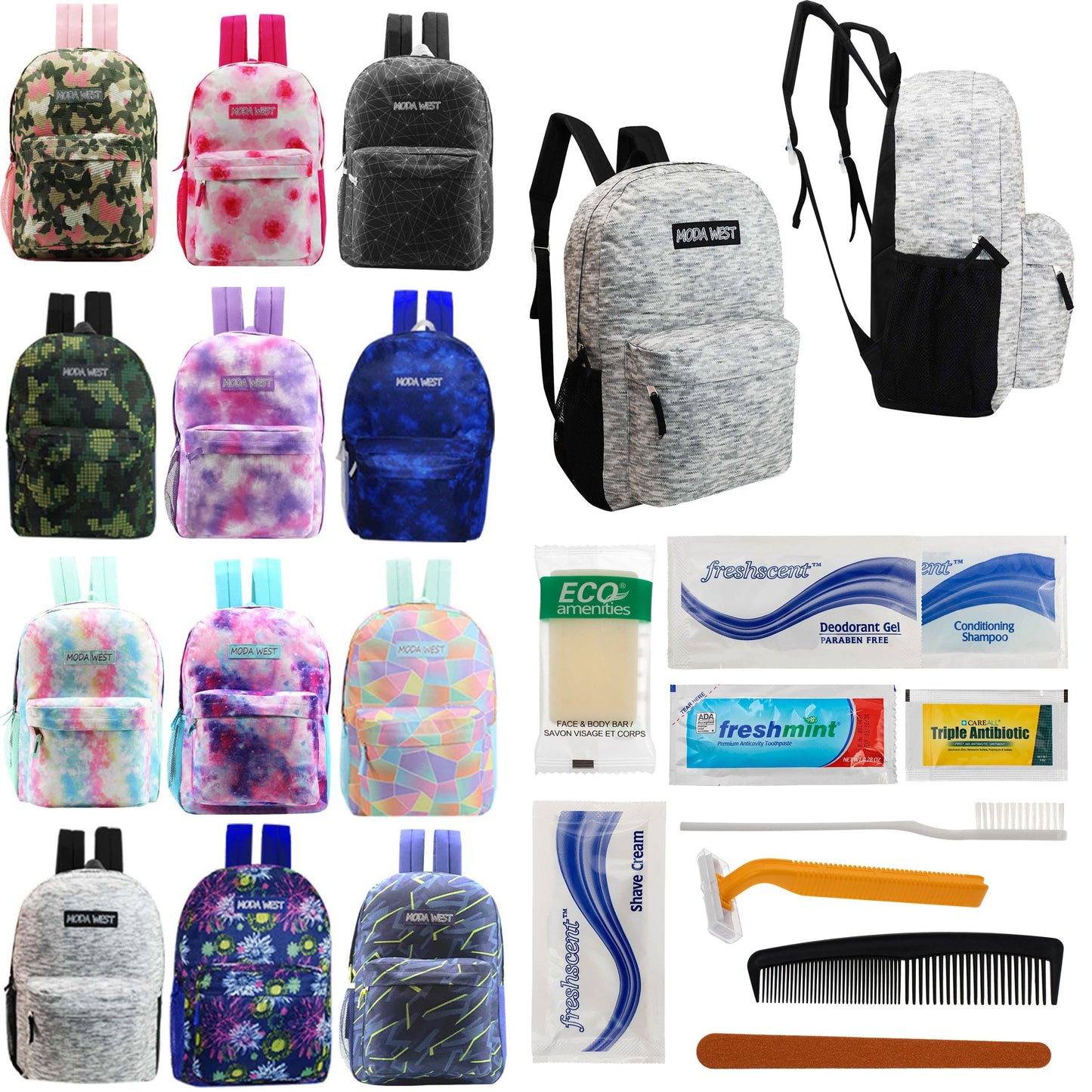 12 Muster 17 'Rucksäcke in verschiedenen Drucken & Ihre Wahl von 12 Bulk Hygiene Kits - Wholesale PFLEGE Package: Obdachlos, Notfall, Wohltätigkeit