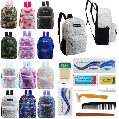 12 Muster 17 'Rucksäcke in verschiedenen Drucken & Ihre Wahl von 12 Bulk Hygiene Kits - Wholesale PFLEGE Package: Obdachlos, Notfall, Wohltätigkeit