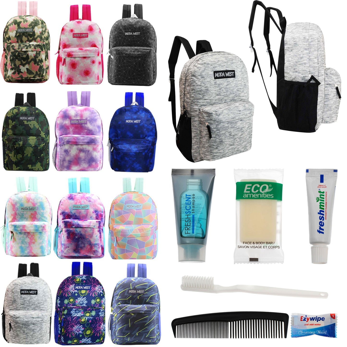 12 Muster 17 'Rucksäcke in verschiedenen Drucken & Ihre Wahl von 12 Bulk Hygiene Kits - Wholesale PFLEGE Package: Obdachlos, Notfall, Wohltätigkeit