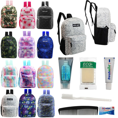 12 Muster 17 'Rucksäcke in verschiedenen Drucken & Ihre Wahl von 12 Bulk Hygiene Kits - Wholesale PFLEGE Package: Obdachlos, Notfall, Wohltätigkeit