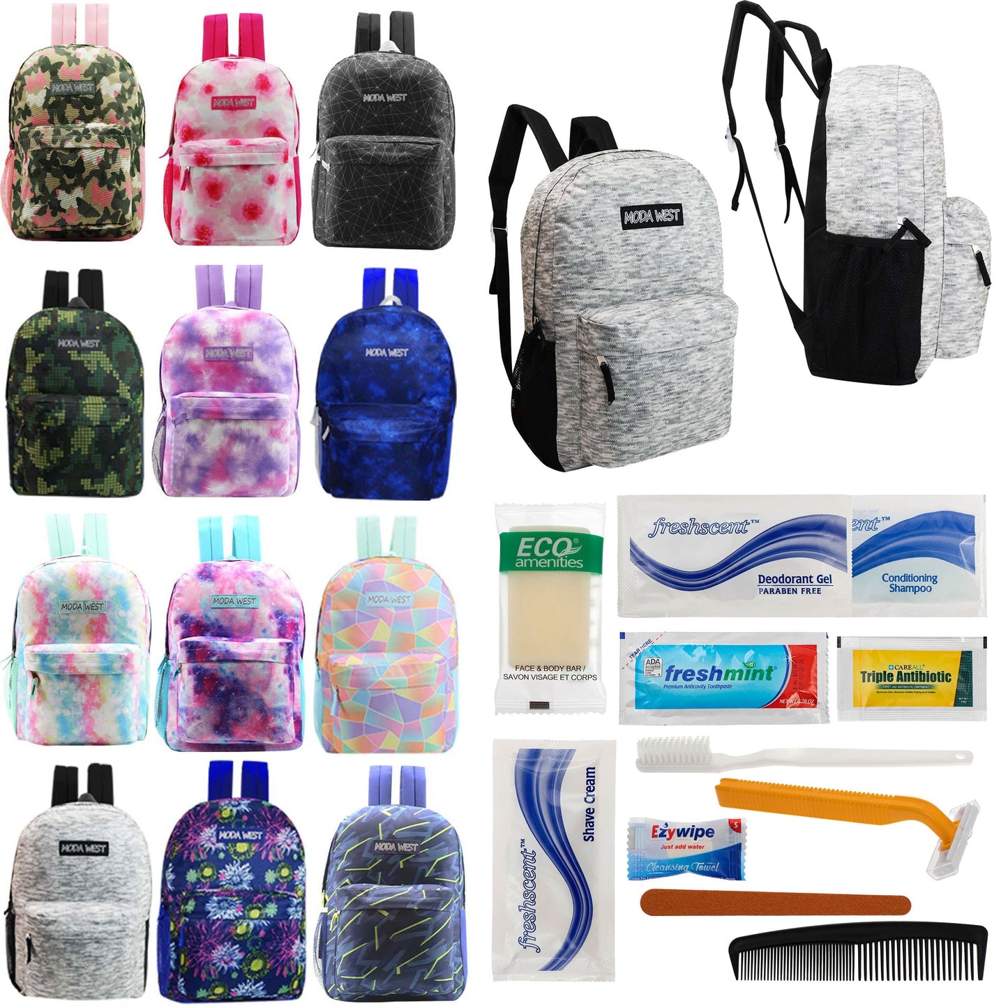 12 Muster 17 'Rucksäcke in verschiedenen Drucken & Ihre Wahl von 12 Bulk Hygiene Kits - Wholesale PFLEGE Package: Obdachlos, Notfall, Wohltätigkeit