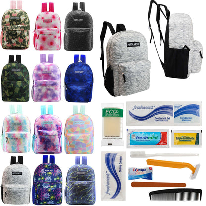 12 Muster 17 'Rucksäcke in verschiedenen Drucken & Ihre Wahl von 12 Bulk Hygiene Kits - Wholesale PFLEGE Package: Obdachlos, Notfall, Wohltätigkeit