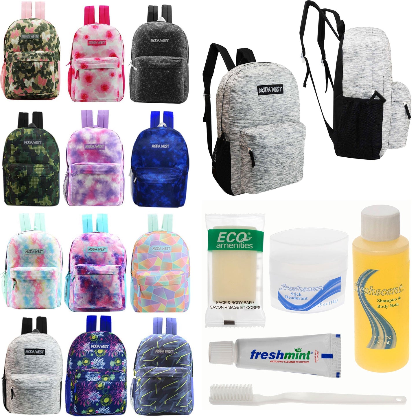 12 Muster 17 'Rucksäcke in verschiedenen Drucken & Ihre Wahl von 12 Bulk Hygiene Kits - Wholesale PFLEGE Package: Obdachlos, Notfall, Wohltätigkeit