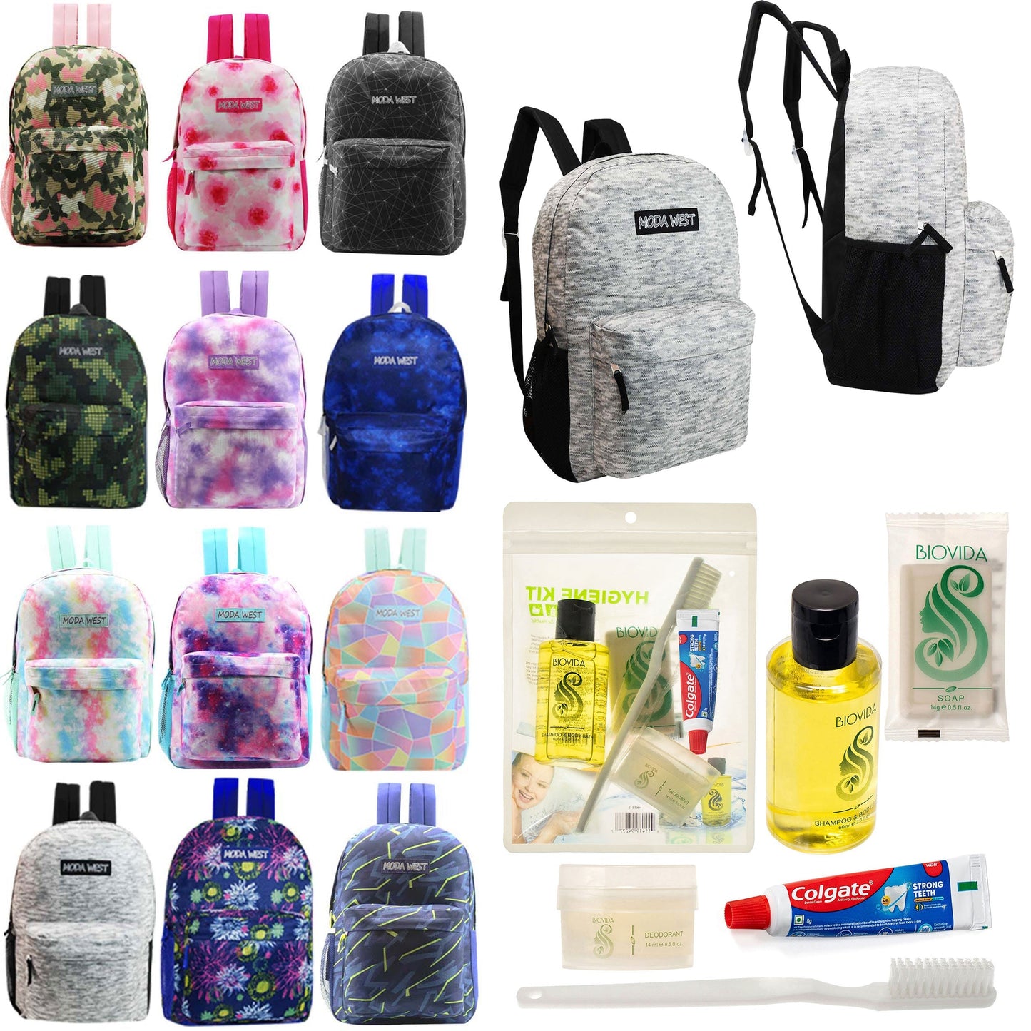 12 Muster 17 'Rucksäcke in verschiedenen Drucken & Ihre Wahl von 12 Bulk Hygiene Kits - Wholesale PFLEGE Package: Obdachlos, Notfall, Wohltätigkeit