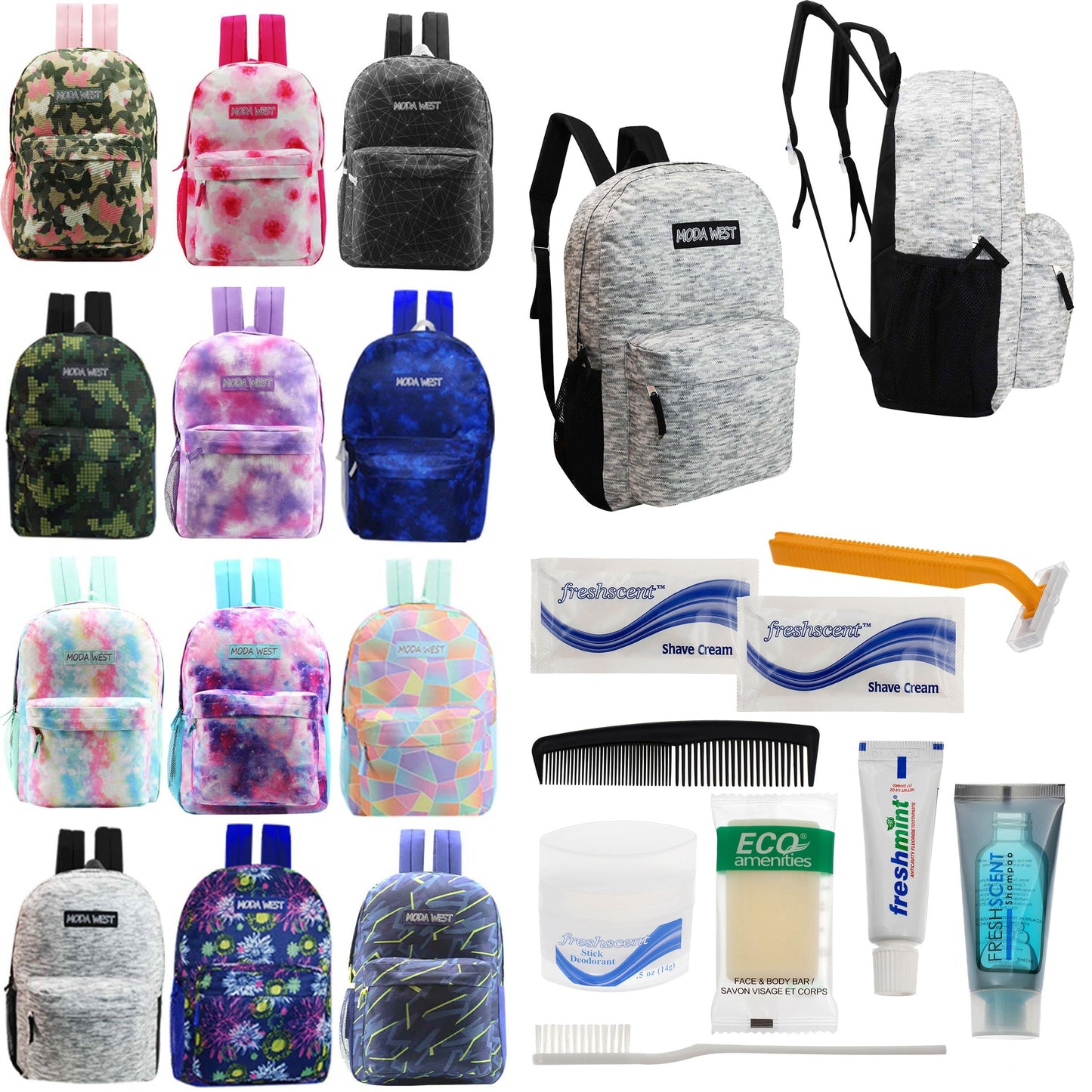 12 Muster 17 'Rucksäcke in verschiedenen Drucken & Ihre Wahl von 12 Bulk Hygiene Kits - Wholesale PFLEGE Package: Obdachlos, Notfall, Wohltätigkeit