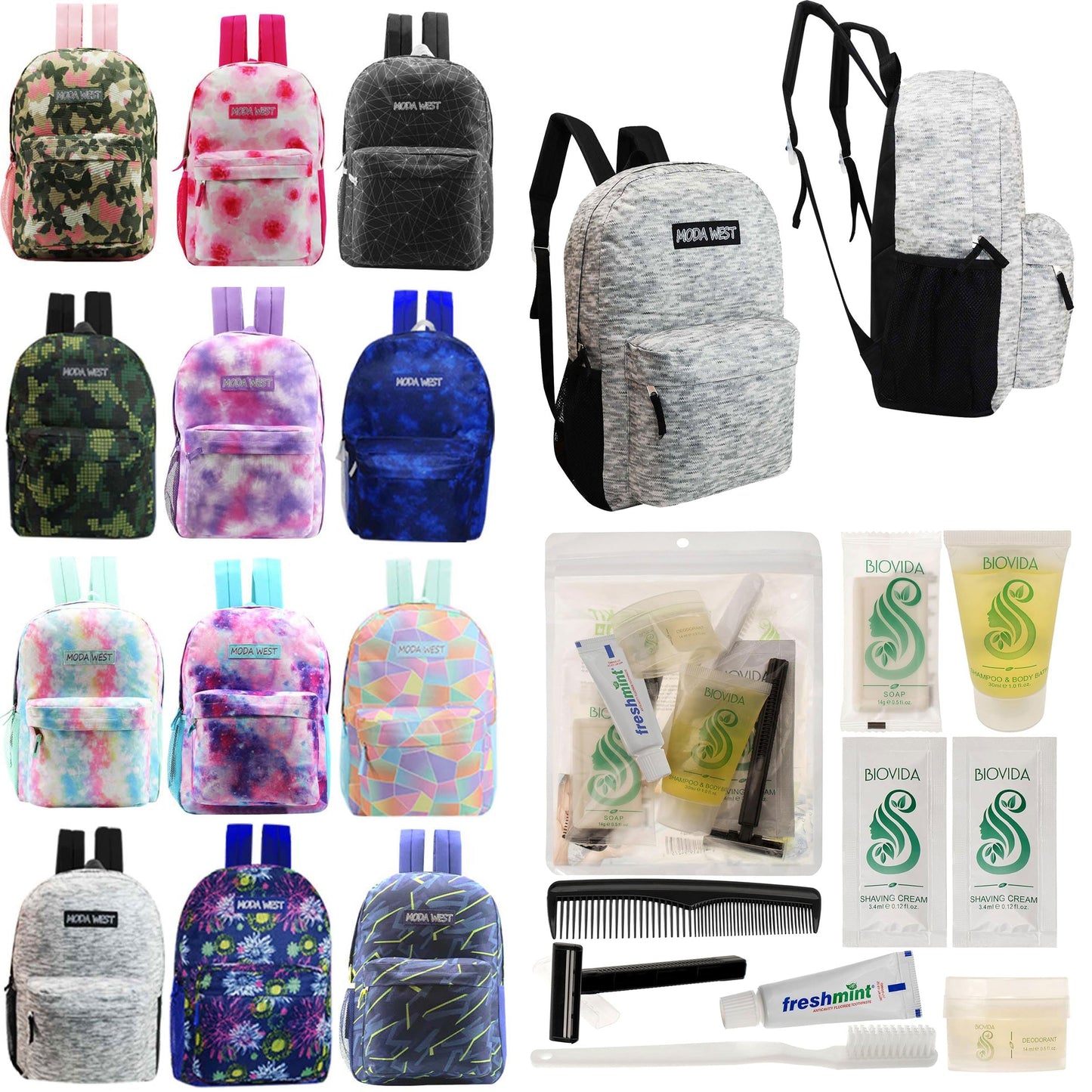 12 Muster 17 'Rucksäcke in verschiedenen Drucken & Ihre Wahl von 12 Bulk Hygiene Kits - Wholesale PFLEGE Package: Obdachlos, Notfall, Wohltätigkeit